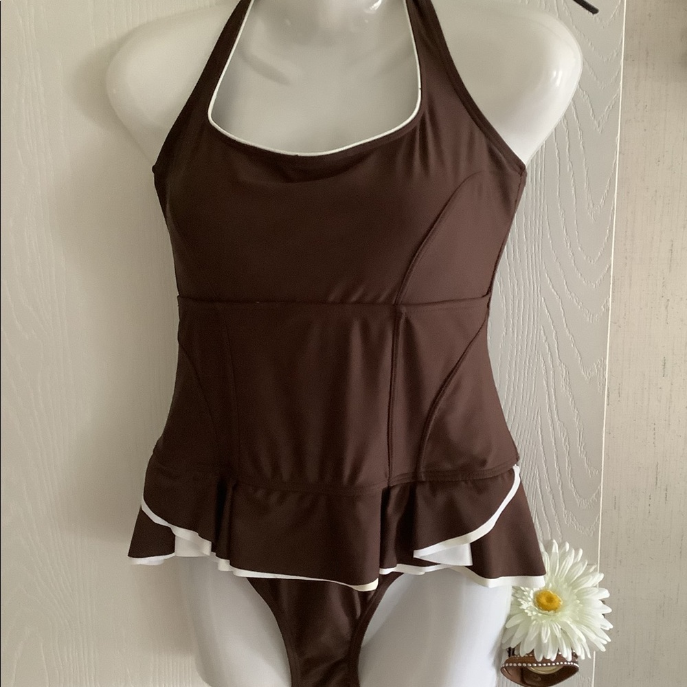Shore Shapes swimsuit size 12-14  brown & bone skirted adjustable straps…